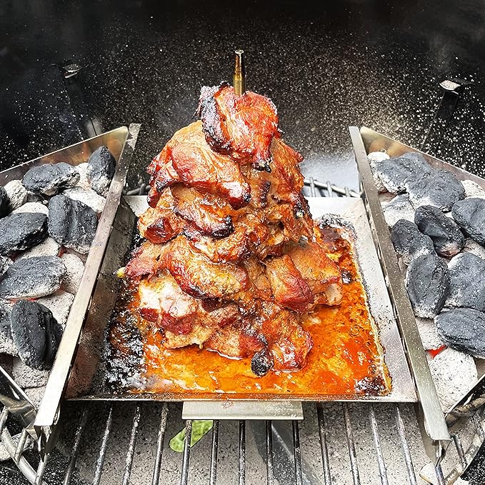 Stainless Steel Vertical Skewer for Tacos Al Pastor, Shawarma, Kebabs- BBQ Grilling Accessory w/ 2 removable spikes (8.5” and 12”)- Use on Charcoal Grills or Stove- Handles, No Drip Plate