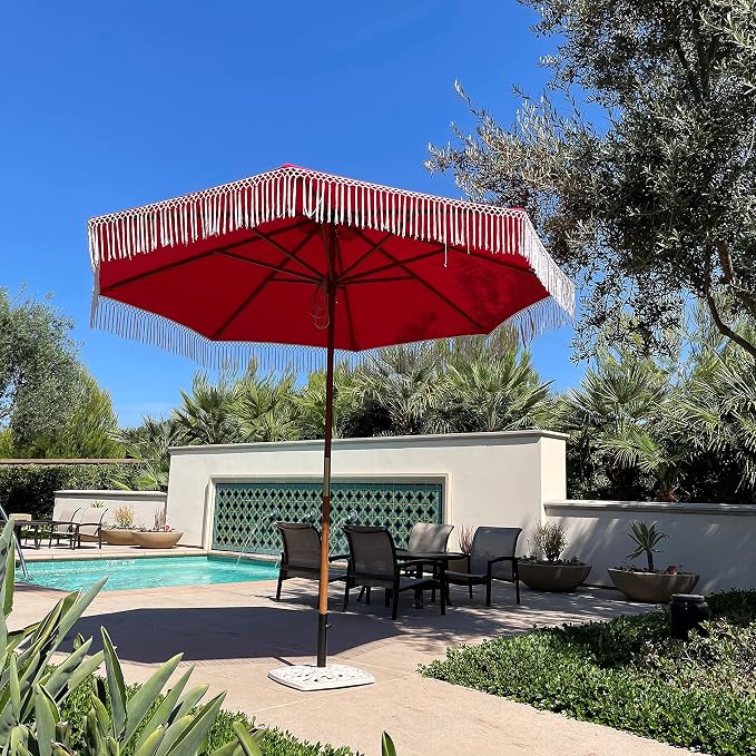 FORMOSA 9ft 6 Rib Market Luxury Patio Umbrella Replacement Canopy - 300D UV Protective and Water Resistant Patio Fade Resist Top Fabric Cloth - Umbrella Replacement Cover CANOPY ONLY (Red Tassels)