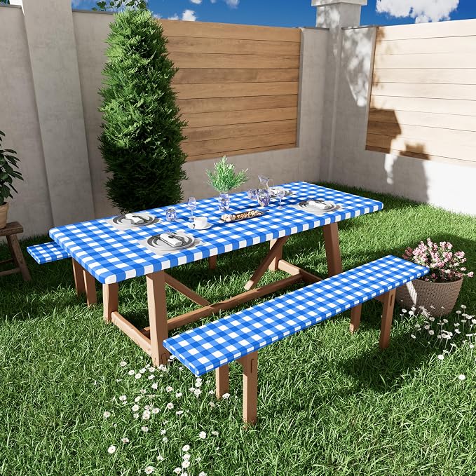 Smiry Picnic Table Cover with Bench Covers, Waterproof Elastic Fitted Tablecloths for 6 Foot Rectangle Tables, Washable Buffalo Plaid Tablecloth for Camping, Outdoor (Blue & White, 30"x72")