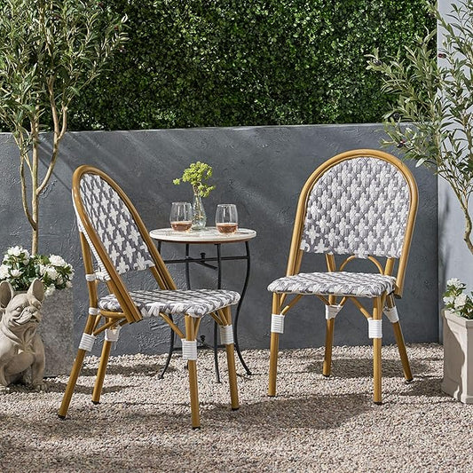Christopher Knight Home Anastasia Outdoor French Bistro Chair (Set of 2), Gray + White + Bamboo Print Finish