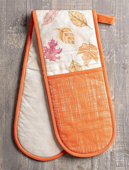 Maison d' Hermine Double Oven Mitt (7" x 35") 100% Cotton Heat Resistant BBQ Cooking Gloves with Loop for Thanksgiving Christmas Decorations Baking Cooking Handling Hot Pan (Colours of Autumn)