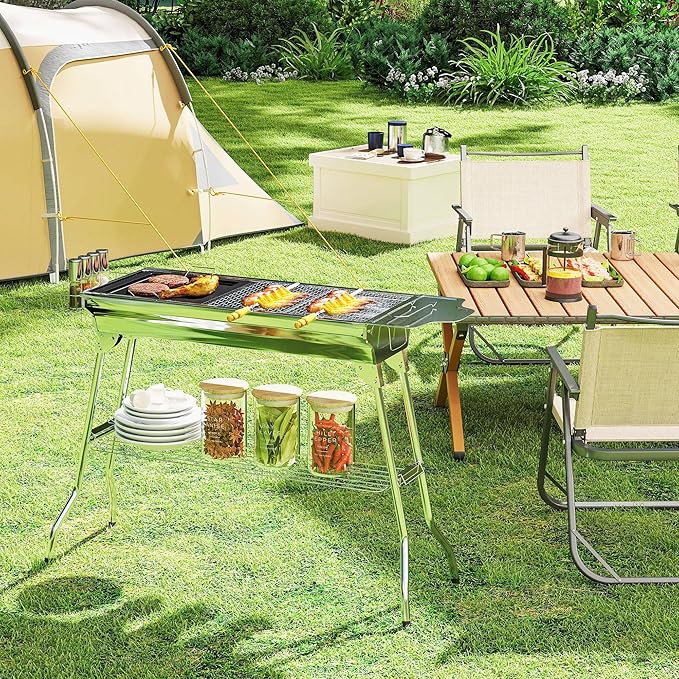 Portable Charcoal Grill with Storage, Stainless Steel Outdoor BBQ Grill for Camping, Tailgating, and Picnics