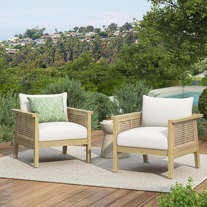 Christopher Knight Home Teras Acacia Wood Lounge Chair Outdoor Set of 2 with Removable Cushion, Solid Wood Patio Accent Chair with PE Wicker Accents, Patio Furniture Set Sofa Chair, Light Teak+Cream