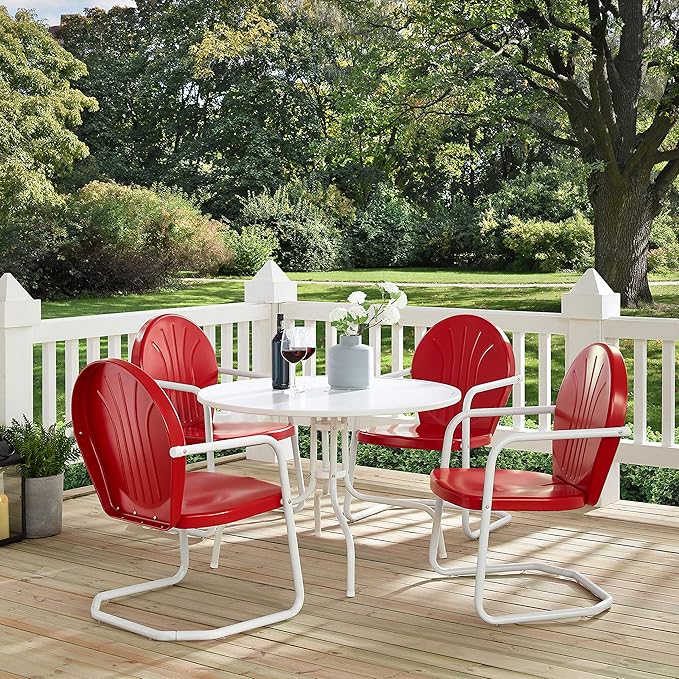 Crosley Furniture Griffith 5-Piece Outdoor Dining Set for 4, Retro Metal Round Patio Table and Chairs, Coral Red