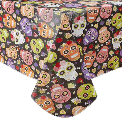 Newbridge Sugar Skull Oval Vinyl Tablecloth with Flannel Backing, Waterproof Wipe Clean Table Cover for Indoor Outdoor Kitchen Dining Use, Picnic and Barbecue, 60 x 84 Inch Oval