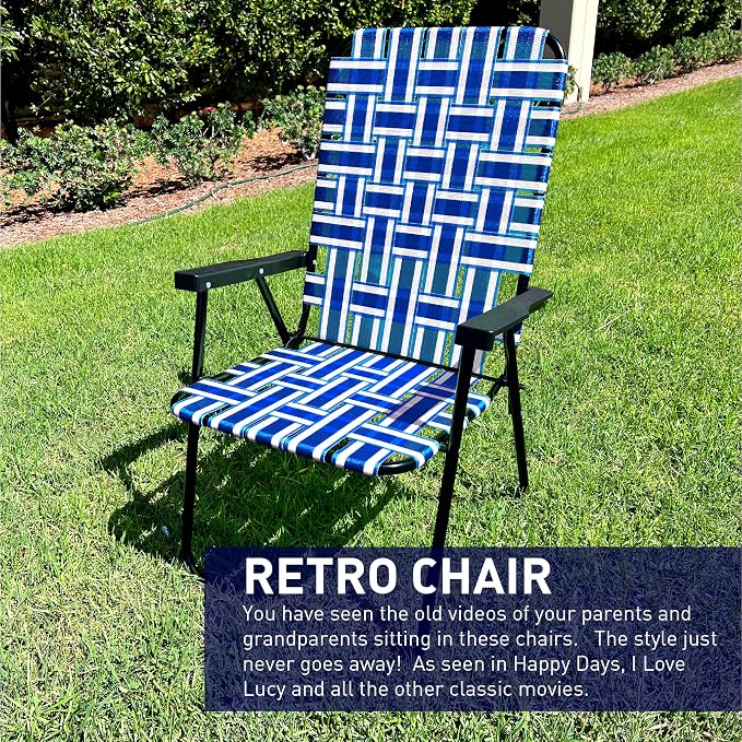 Lawn Chair Folding Steel Webbing Chaise Patio Lounger Seat Wood Handles Great for Camping, Beach, Fishing, Backyard, Stadium, Pool, Boating, and Sports 2 Pack Blue