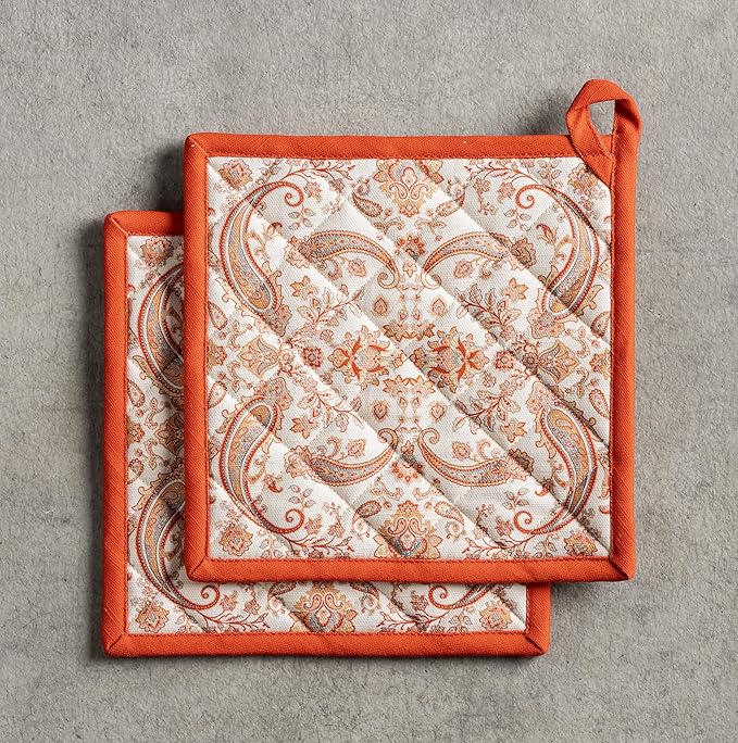 Maison d' Hermine Pot Holders Set 100% Cotton Heat Resistant Potholders 8" x 8" Hot Pads with Loop for Thanksgiving Christmas Decorations BBQ Cooking Baking Handling Hot Pans (Pack of 2, Cachemire)