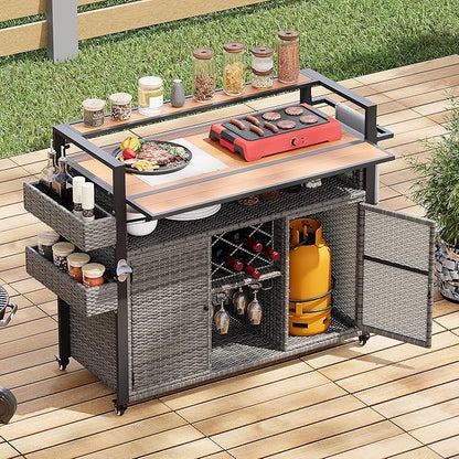 52.8" W Wicker Outdoor Grill Cart with Extended Plastic Wood Table Top,Rolling Kitchen Island on Wheels with Cabinet and Double Handle,for Patio Backyard Garden Poolside (Grey#t)