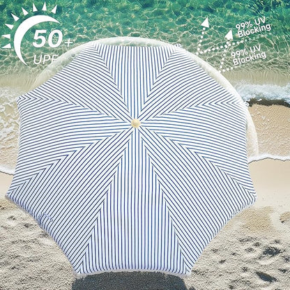 6.5FT Boho Patio Umberlla with Fringe,UPF50+ Outdoor Umbrella with Fiberglass Ribs and Push Button Tilt,Tassels Umbrella for Beach,Terrace,Picnic