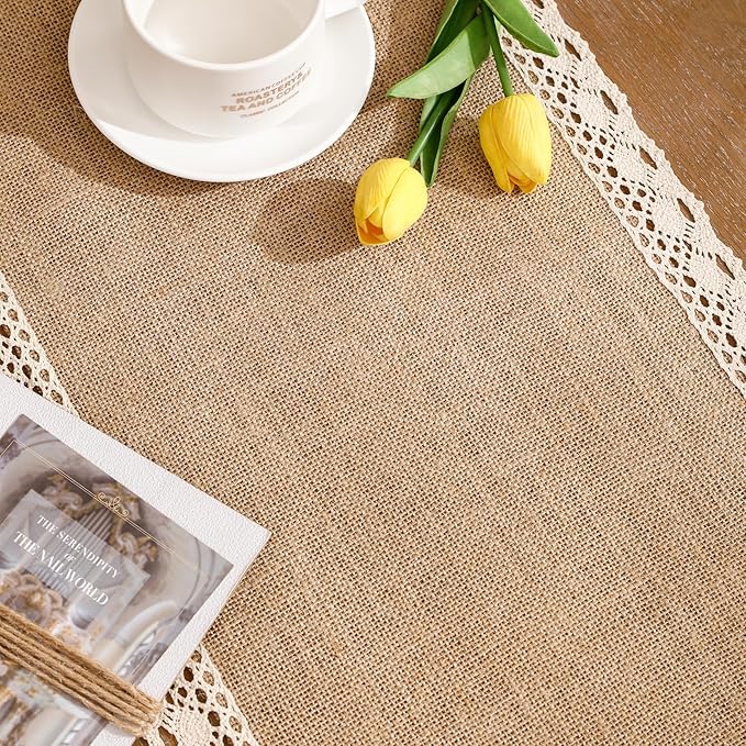 Burlap Table Runner Natural Jute Braided Table Runner 13''x 120'' Long Farmhouse Table Runners with Beige Lace for Spring Summer Parties BBQ's Holidays Rustic Vintage Dining Table Runner