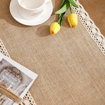 Burlap Table Runner Natural Jute Braided Table Runner 13''x 120'' Long Farmhouse Table Runners with Beige Lace for Spring Summer Parties BBQ's Holidays Rustic Vintage Dining Table Runner