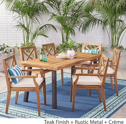 Christopher Knight Home Justin Outdoor 7 Piece Acacia Wood Dining Set, Teak Finish/Rustic Metal/Crème