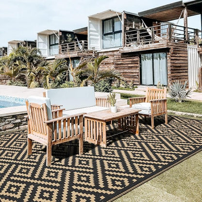 GENIMO Outdoor Rug, Waterproof Plastic Rugs 8'x16' for Camping Black Brown | Outside Larger Modern Carpet Mat for Patio Decor, RV, Porch, Camper, Deck, Picnic, Beach, Backyard, Reversible, Foldable