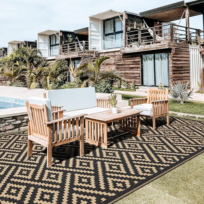 GENIMO Outdoor Rug, Waterproof Plastic Rugs 9'x18' for Camping Black Brown | Outside Larger Modern Carpet Mat for Patio Decor, RV, Porch, Camper, Deck, Picnic, Beach, Backyard, Reversible, Foldable