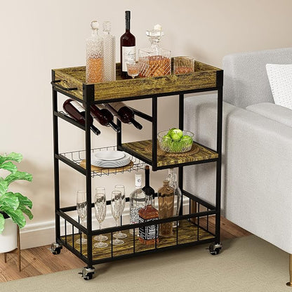 Bar Cart with Basket Wine Rack with Wheels Wood Metal Cart | Basket