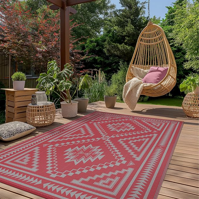GENIMO Outdoor Rug, Waterproof Plastic Rugs for Patio, 6'x9' Mist Red | Outside Larger Modern Carpet Mat for Porch Decor, Deck, Balcony, Camping, RV, Backyard, Picnic, Beach, Reversible, Foldable