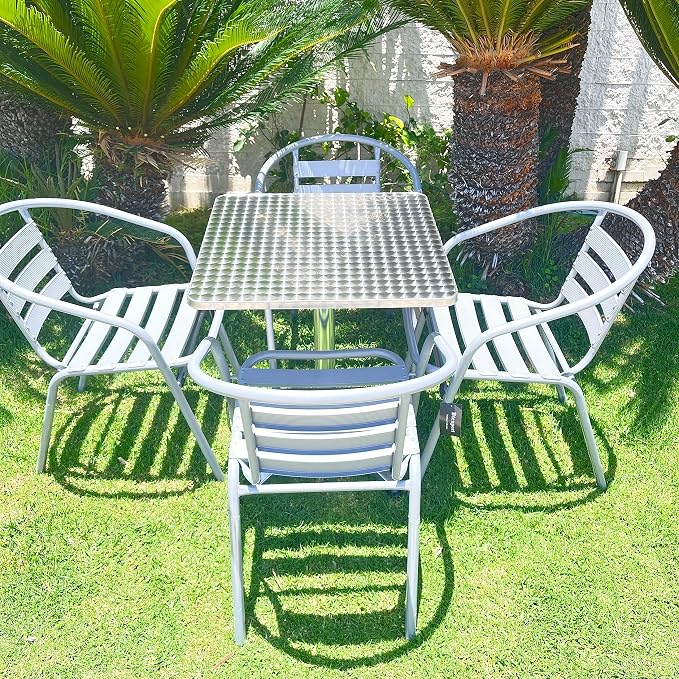 Indoor Outdoor Set of 5 Silver Gray Restaurant Metal Aluminum Slat Stack Chairs Lightweight