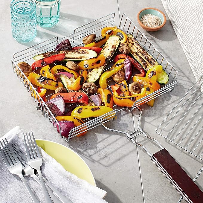 Outset Rosewood Handle Grill Basket, Fish and Vegetable Grill Basket, Chrome