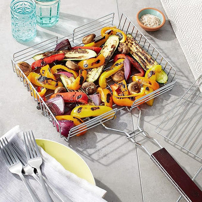 Outset Rosewood Handle Grill Basket, Fish and Vegetable Grill Basket, Chrome