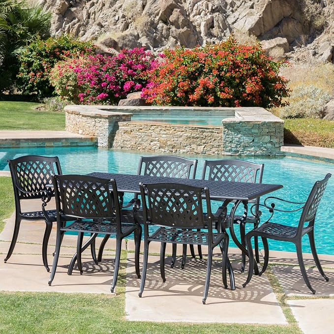 Christopher Knight Home Cayman Outdoor 6-Seater Cast Aluminum Dining Set, 7-Pcs Set, Black Sand Hallandale Outdoor Cast Aluminum Chairs, 2-Pcs Set, Antique Matte Black