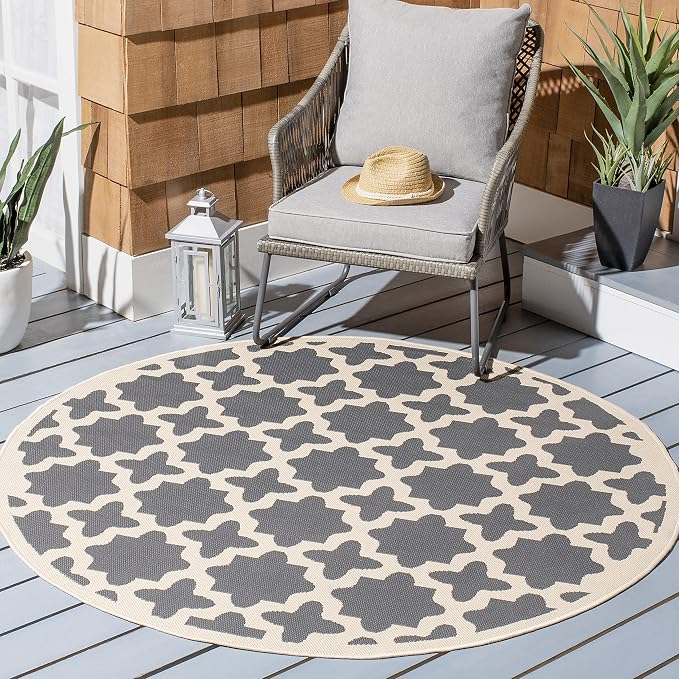 SAFAVIEH Courtyard Collection 6'7" Round Anthracite/Beige CY6913 Indoor/ Outdoor Splashproof Easy Scrubbing Patio Backyard Mudroom Area Rug