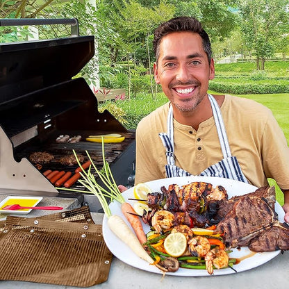 Oleex Non-Stick Large BBQ Grilling Bags Copper Color + Basting Brush - Reusable PTFE Mesh Indoor Outdoor Charcoal Barbecue Grill Bag Accessories, Heat-Resistant Up to 500 F, Dishwasher-Safe