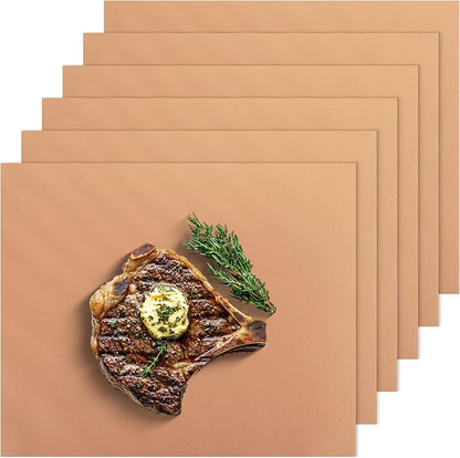 UNCO- Copper Grill Mats for Outdoor Grill, 13" x 15.8", 6 Pack, Nonstick Reusable Grilling Mats for Outdoor Grill, BPA and PFOA Free with PTFE-Fiberglass Coating