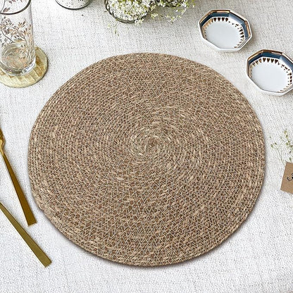 Hausattire Round Woven Placemats Set of 4 - Natural, Seagrass Heat Resistant Table Mats for Wedding, Restaurants, Party | Rattan Boho Easy Clean Circle Spring Easter Placemat for Kitchen - 14 Inches