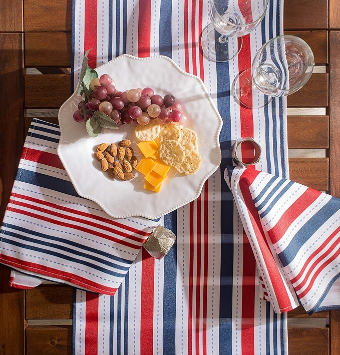 DII Patriotic Stripes Tabletop Collection, Stain Resistant & Waterproof, Table Runner, 14x108, Red, White, & Blue
