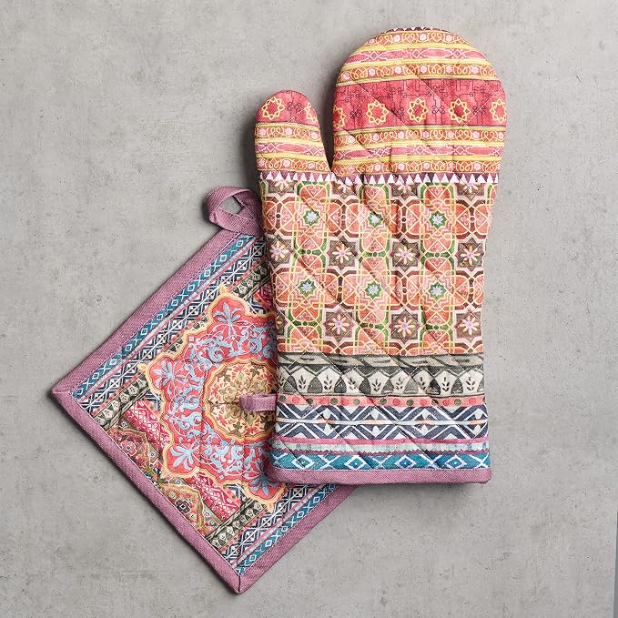 Maison d' Hermine 100% Cotton Oven Mitt & Pot Holder Set (7.5"x13" & 8"x8") | Heat Resistant BBQ Cooking Gloves with Loop Baking Grilling Kitchen Hotel Home Farmhouse Thanksgiving Christmas - Ispahan