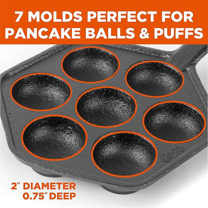 Commercial CHEF Danish Aebleskiver Pan, Pre-Seasoned Cast Iron, Seven Sections For Mini Puffs and Pancake Balls, Works on All Cooktops Including Induction, Outdoor Cookware for Grills, CHCI4105
