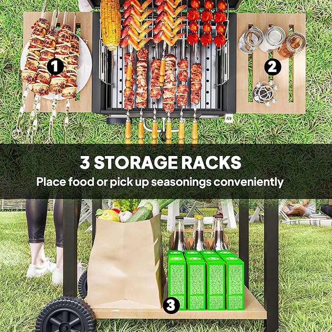 Black Charcoal Grill 245sq.in. – 3-Position Adjustable Pan, Lid Thermometer, 2 Side Shelves + Bottom Shelf, Warming Rack, Mobility Wheels