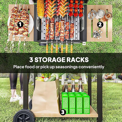 Black Charcoal Grill 245sq.in. – 3-Position Adjustable Pan, Lid Thermometer, 2 Side Shelves + Bottom Shelf, Warming Rack, Mobility Wheels