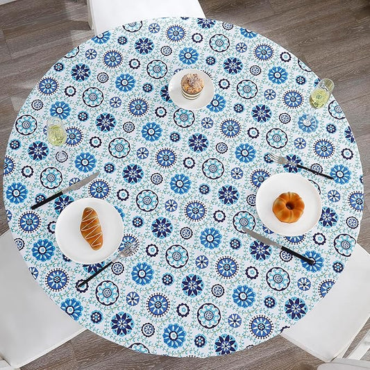 Walrus Round Vinyl Fitted Tablecloth with Flannel Backing Elastic Edge Design Table Cover Waterproof Oil-Proof PVC Table Cloth Stain-Resistant Best for 37"-44" Round