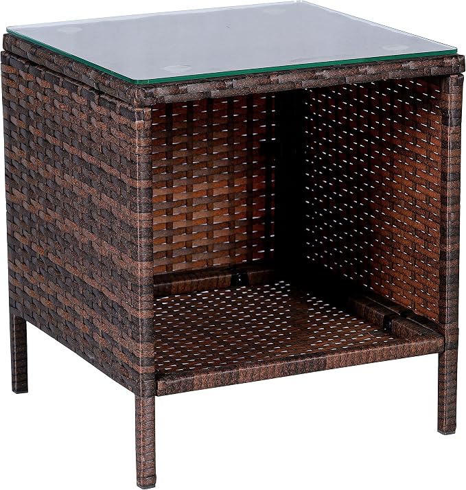 Outdoor Wicker Conversation 3 Piece Bistro Set Garden Patio Yard Porch Furniture Space Saving Pe Rattan Two Chairs Cushions Side Storage Glass Table Brown/Beige 3pc Set