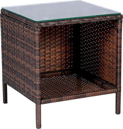 Outdoor Wicker Conversation 3 Piece Bistro Set Garden Patio Yard Porch Furniture Space Saving Pe Rattan Two Chairs Cushions Side Storage Glass Table Brown/Beige 3pc Set