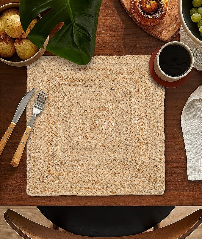 Hausattire Jute Braided Placemats 14x14 Inches Set of 4 Reversible Handwoven Boho Vintage Easter Placemats for Kitchen Dining Tables|BBQ's Farmhouse Decor Indoor & Outdoor Parties|Natural