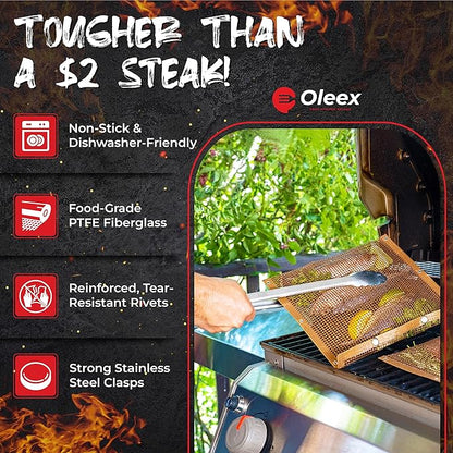 Oleex Non-Stick Large BBQ Grilling Bags Copper Color + Basting Brush - Reusable PTFE Mesh Indoor Outdoor Charcoal Barbecue Grill Bag Accessories, Heat-Resistant Up to 500 F, Dishwasher-Safe