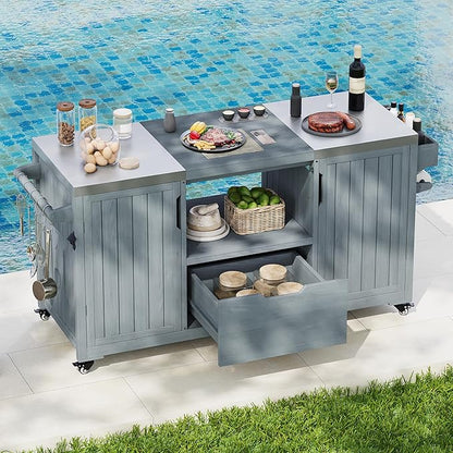 66.5" Outdoor Kitchen Island for Big Green Egg Grills, Solid Wood Grill Cart for Tabletop Grill with Stainless Steel Top, Drawer, Adjustable Middle Shelf, Compatible with Large Big Green Egg