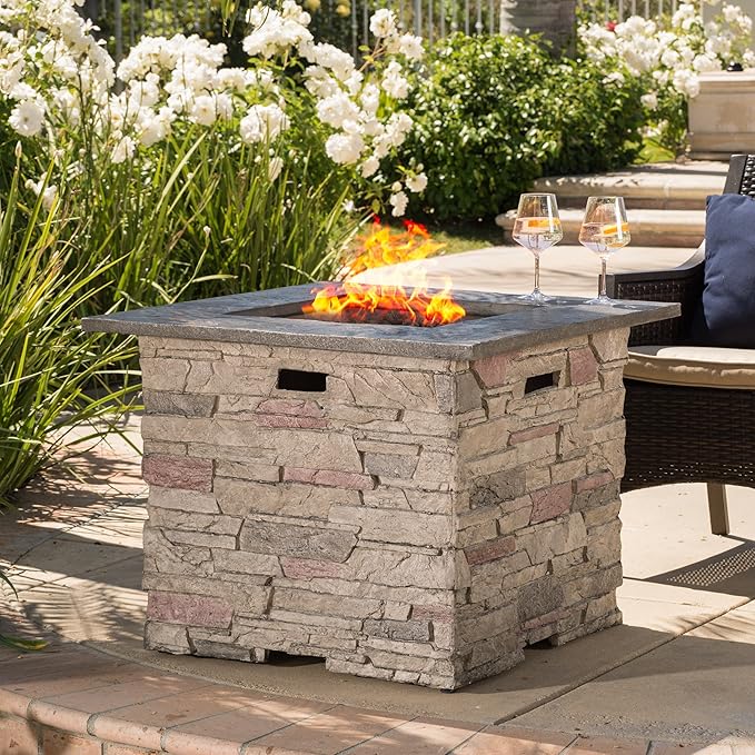 32'' Propane Fire Pit Table Hidden Tank Inside, 40,000 BTU Square Outdoor Gas Firepit with Auto-Ignition, Waterproof Cover for Patio Deck, Stone Gray