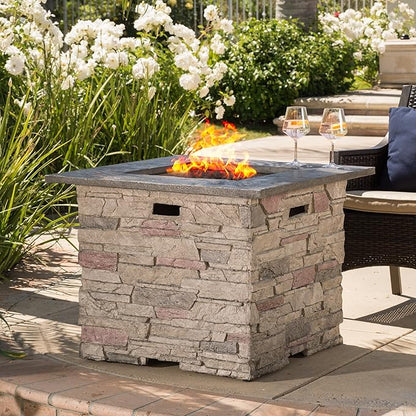32'' Propane Fire Pit Table Hidden Tank Inside, 40,000 BTU Square Outdoor Gas Firepit with Auto-Ignition, Waterproof Cover for Patio Deck, Stone Gray