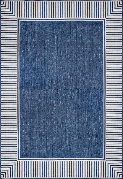 Nuloom Asha Navy/Ivory, 2' x 3', Casual, Striped Border, Soft and Cozy, High Traffic, Easy Clean, Durable Area Rug for Indoor/Outdoor Patio, Deck, Porch, Garden, Courtyard