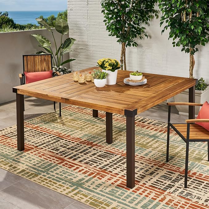 Christopher Knight Home Lankershim Outdoor Acacia Wood Dining Table, Teak and Rustic Metal