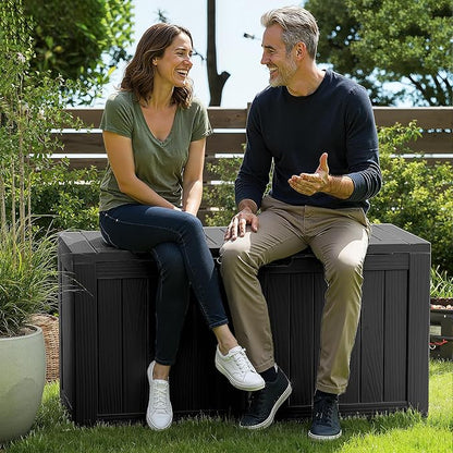 ROJIK Outdoor Storage Housing Deck Box - Waterproof Patio Furniture, Garden Tools, Cushions, Pool Accessories Storage Bench with Lockable Lid and Side Handles (Black 76 Gal)