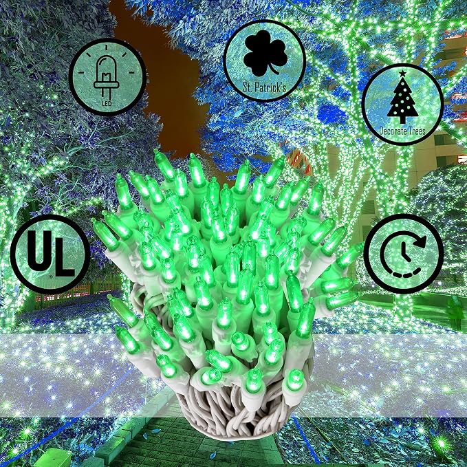 Holiday Essence 200 LED Green St. Patrick's Day Lights Set, 53.8 Ft White Wire Indoor Outdoor Décor for Christmas Tree Easter Traditional Decoration, UL Certified