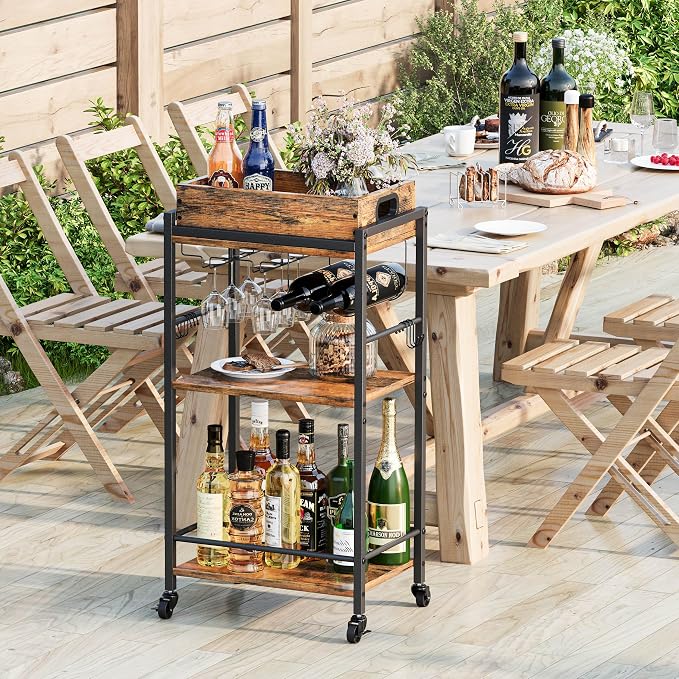 3 Tier Rolling Bar Cart with Wheels, Wine Cart with Removable Tray, Rustic Bar Carts Small, Drink Cart for Small Spaces, Beverage Cart, Liquor Cart for Kitchen, Living Room(Rustic Brown)GBC513R