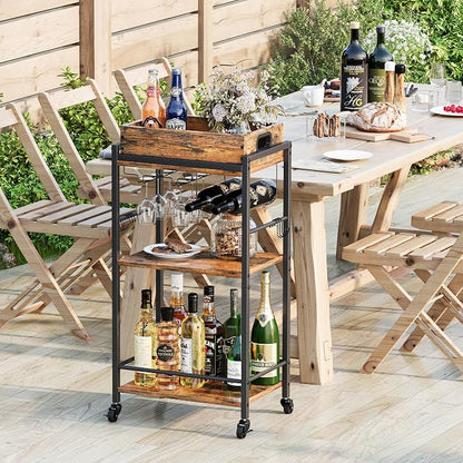 3 Tier Rolling Bar Cart with Wheels, Wine Cart with Removable Tray, Rustic Bar Carts Small, Drink Cart for Small Spaces, Beverage Cart, Liquor Cart for Kitchen, Living Room(Rustic Brown)GBC513R