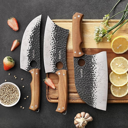 VRUIFA 3 PCS Butcher Knife Set (Serbian, Meat Cleaver, Viking), Hand Forged with Premium Stainless Steel Blades, Ergonomic Wooden Handle Kitchen Knife Set for Home,BBQ, and Camping