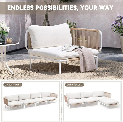 Crestlive Products Outdoor Patio Furniture Set, 4 Seater Modular Oversized Patio Conversation Set with Cushions, Modern Metal Sectional Outdoor Couch for Backyard, Deck, Porch, or Poolside, Beige