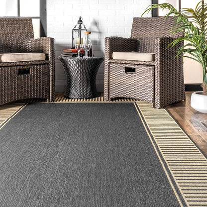 Nuloom Asha Dark Grey/Ivory, 9'6" x 12', Casual, Striped Border, Soft and Cozy, High Traffic, Stain Resistant, Easy Clean, Durable Area Rug for Indoor/Outdoor Patio, Deck, Porch, Garden, Courtyard